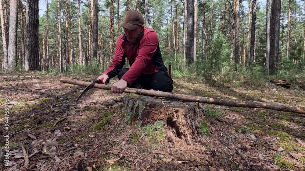 A man saws sticks into firewood in the forest with a handsaw A man saws sticks into firewood in the forest with a handsaw