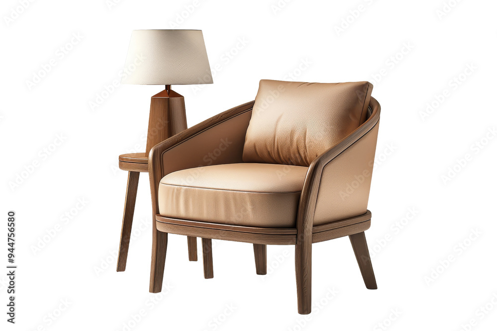 Fototapeta premium Comfortable armchair with wooden frame and lamp
