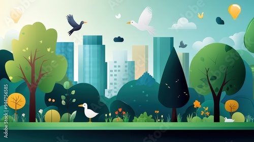 Illustration of an urban park with trees birds and small mammals symbolizing biotic components within human environments photo