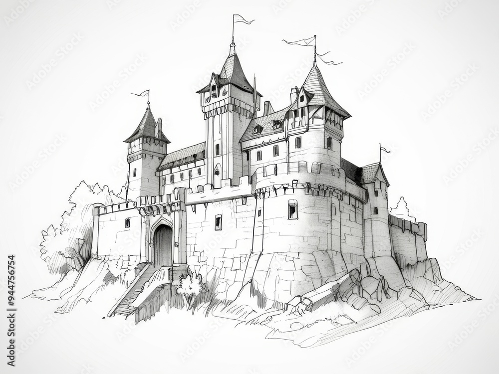 Detailed Pen and Ink and Pencil Sketch of a Majestic Castle
