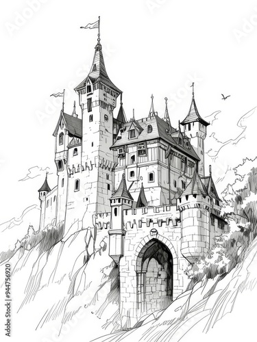 Detailed Pen and Ink and Pencil Sketch of a Majestic Castle