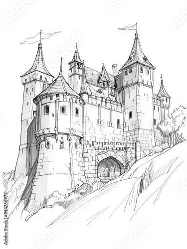 Detailed Pen and Ink and Pencil Sketch of a Majestic Castle