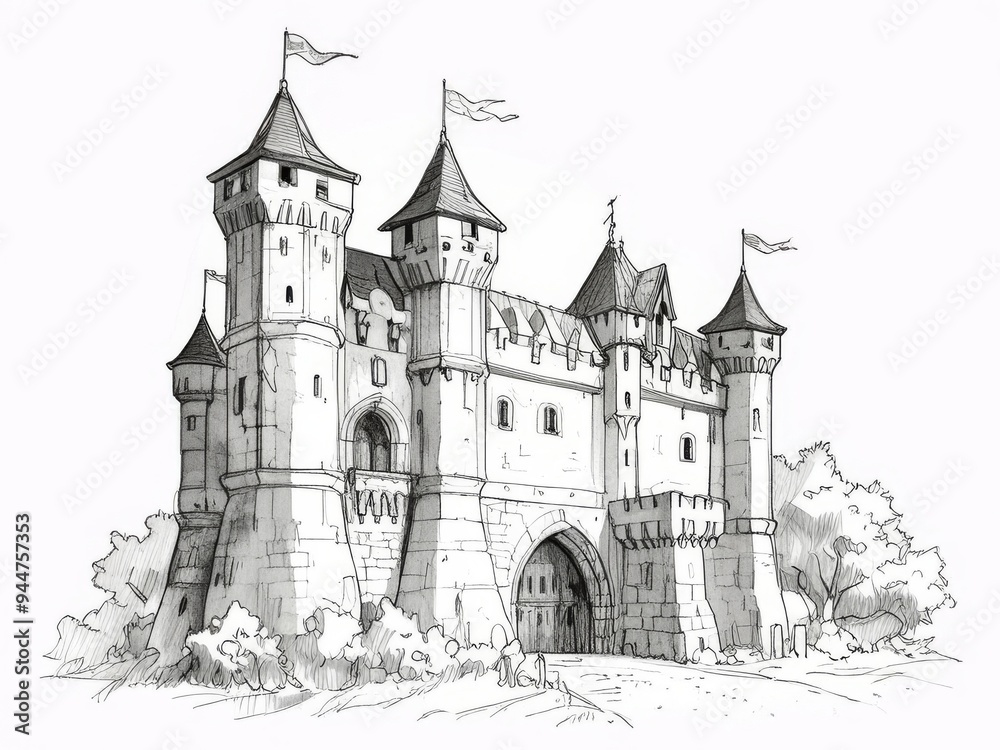 Detailed Pen and Ink and Pencil Sketch of a Majestic Castle Detailed Pen and Ink and Pencil Sketch of a Majestic Castle