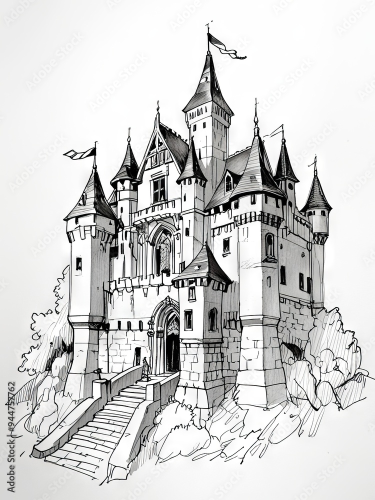 Detailed Pen and Ink and Pencil Sketch of a Majestic Castle Detailed Pen and Ink and Pencil Sketch of a Majestic Castle
