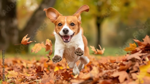 Dog jumping into a pile of autumn leaves, park, pure delight and seasonal fun