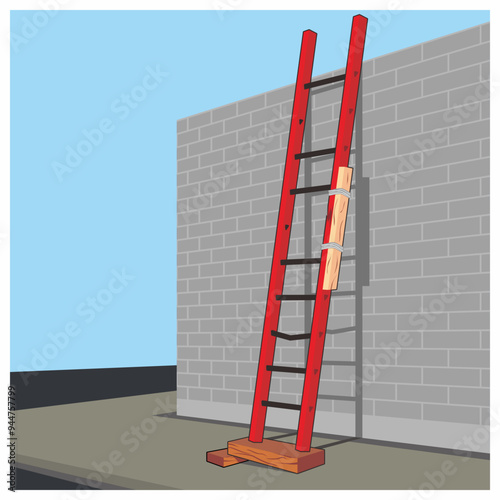 Broken straight ladder on the wall vector illustration. Repair and construction work. Missing item of safety standard requirements.