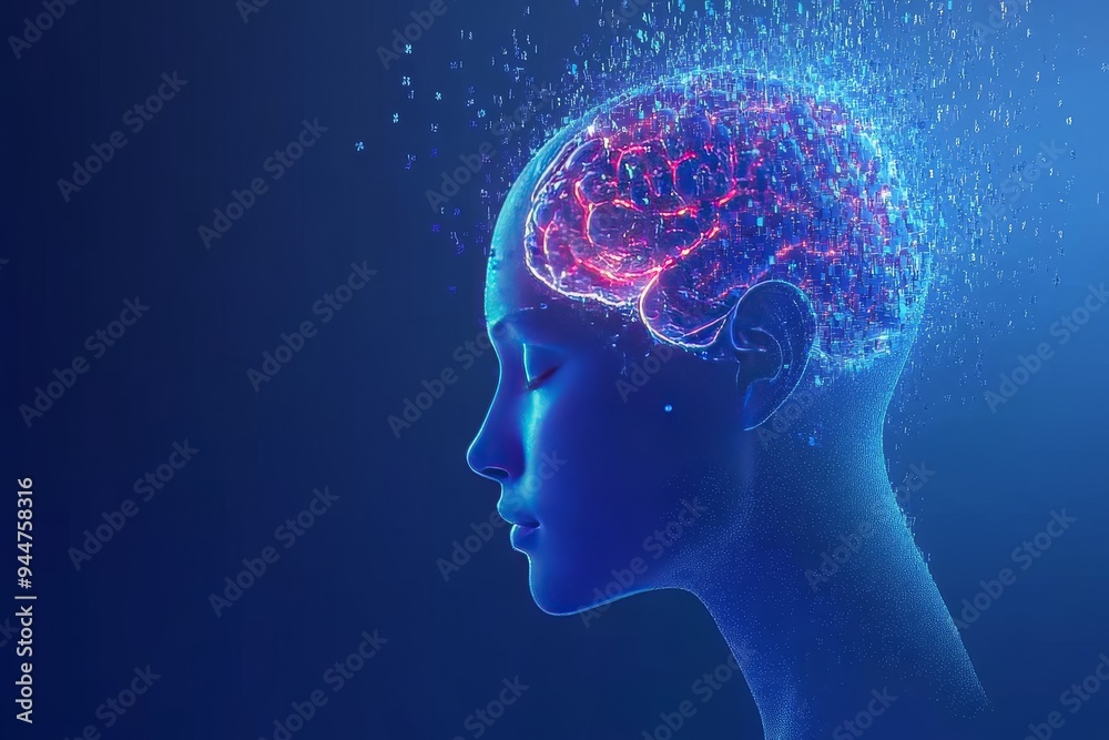 Profile view of a human brain with glowing neural pathways illustrating the complexities of the mind memory and thought processes in a futuristic digital art style Profile view of a human brain with glowing neural pathways illustrating the complexities of the mind memory and thought processes in a futuristic digital art style