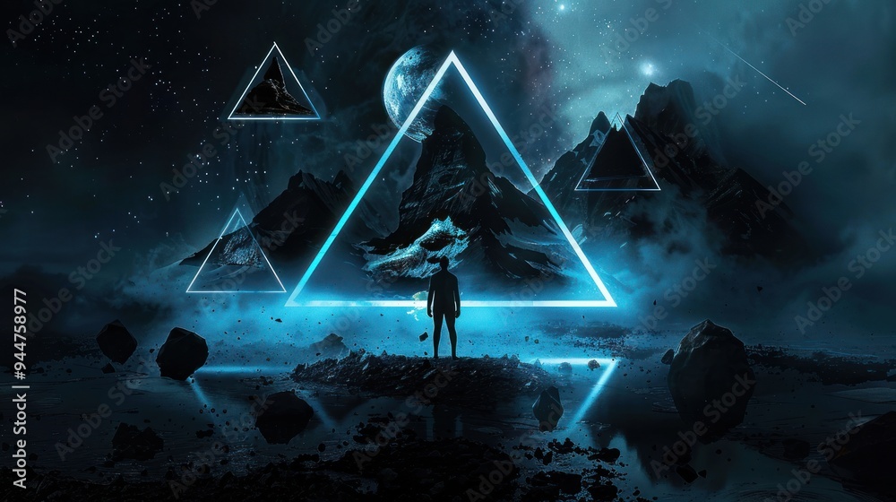 A lone figure in a dark world of mountains and stars A lone figure in a dark world of mountains and stars