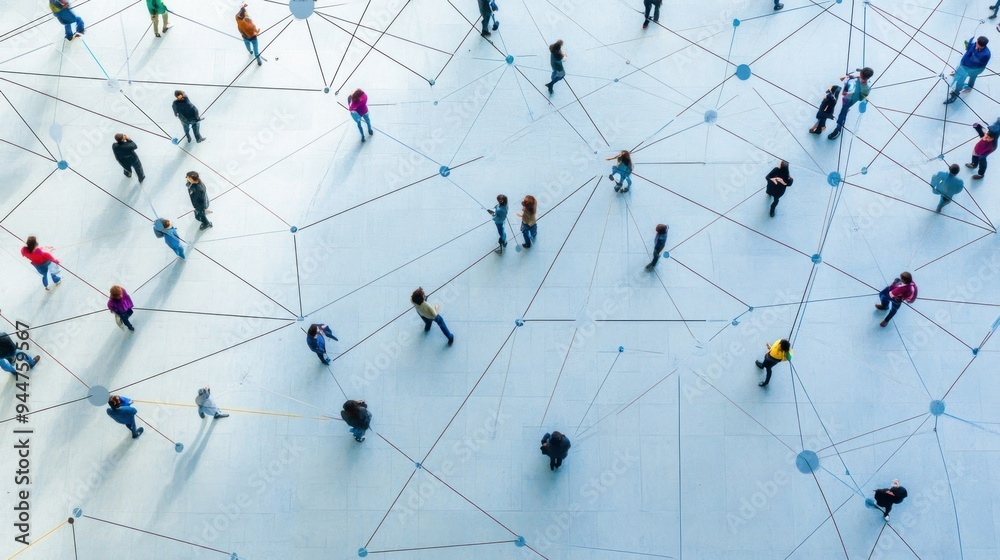 Overhead View of People Walking Through a Network of Lines Overhead View of People Walking Through a Network of Lines
