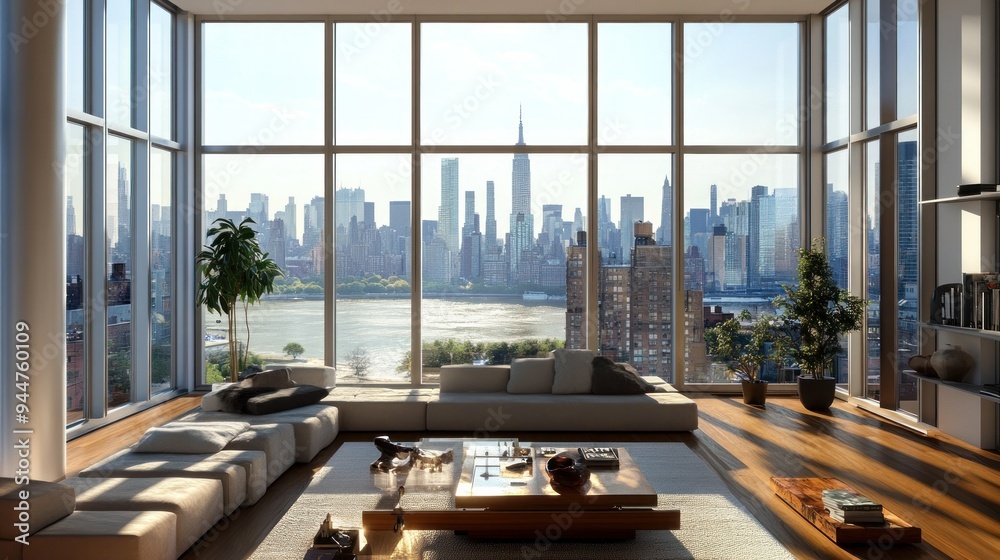 Modern Living Room with Stunning Cityscape View Modern Living Room with Stunning Cityscape View