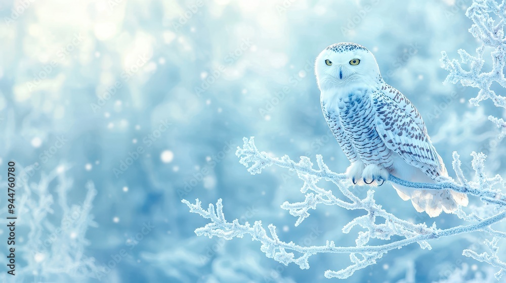 Snowy Owl Perched on Frosted Branch in Winter Wonderland Snowy Owl Perched on Frosted Branch in Winter Wonderland
