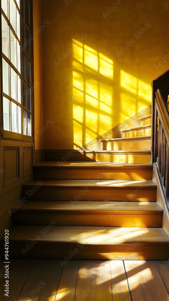 Obraz premium Sunlight Streaming Through a Window onto Wooden Stairs and a Yellow Wall
