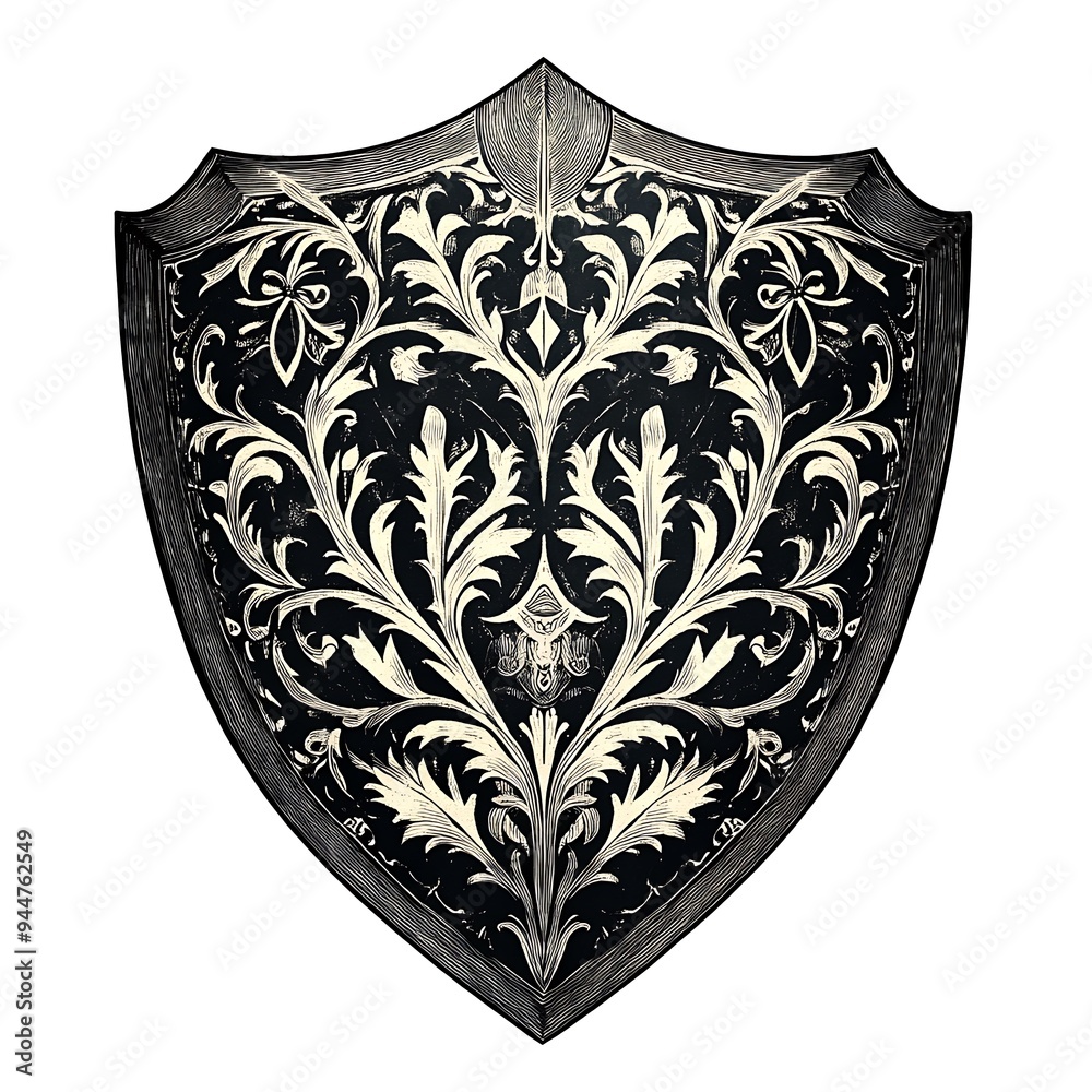 Ornate Black and White Shield with Floral Design Ornate Black and White Shield with Floral Design