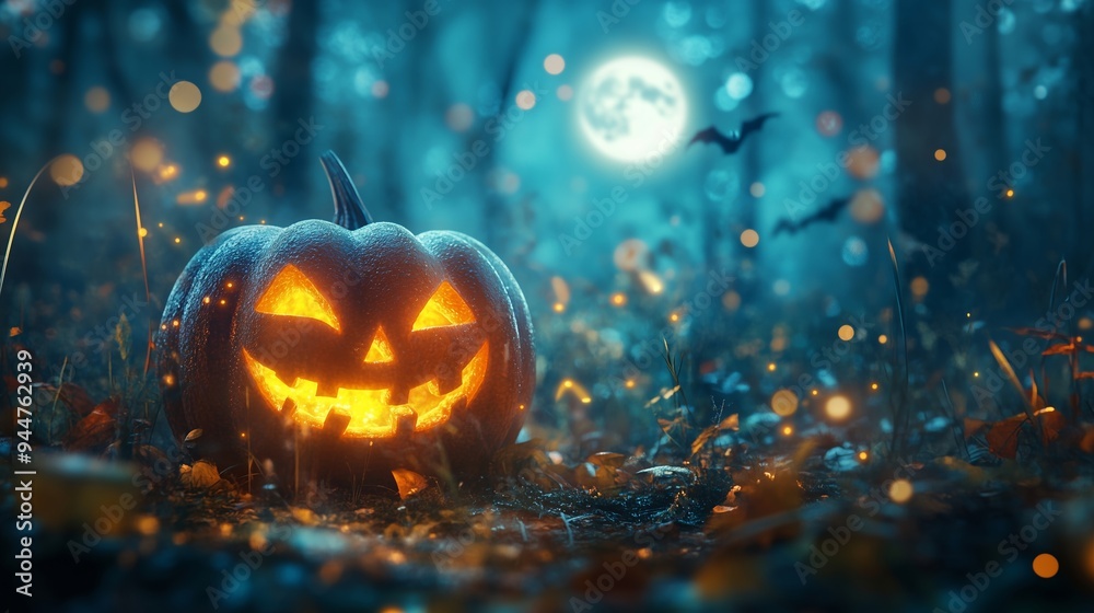 A Spooky Halloween Scene with a Carved Pumpkin and Full Moon A Spooky Halloween Scene with a Carved Pumpkin and Full Moon
