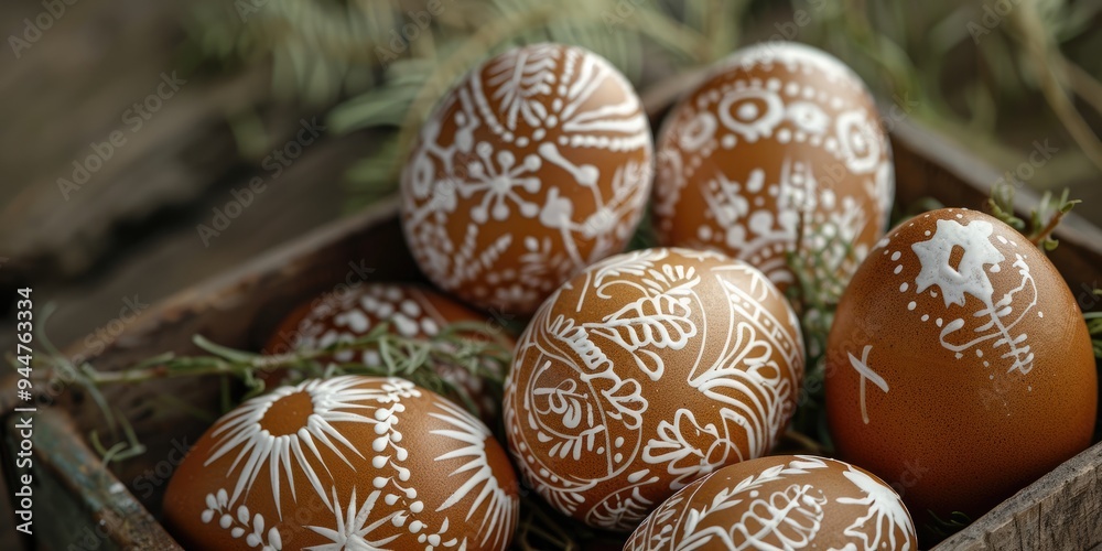 Decoratively painted Easter eggs in a wooden box, featuring brown eggs with white designs. Decoratively painted Easter eggs in a wooden box, featuring brown eggs with white designs.