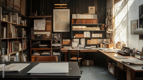 A Well-Organized Workspace With Bookshelves, A Desk, And Natural Light