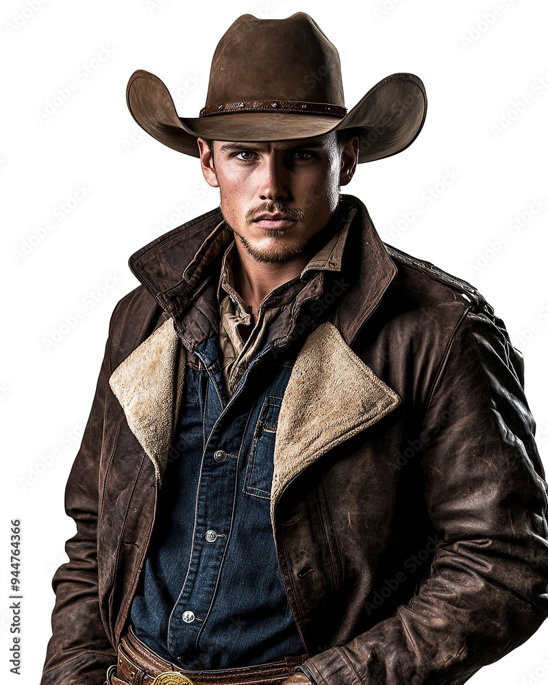Fototapeta premium Portrait of a Young and Handsome Cowboy in 1900s Clothing Vintage Western Style