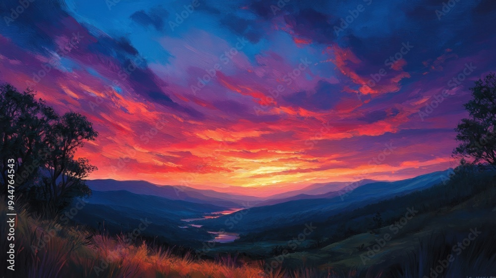 Fototapeta premium Mountain Range Silhouetted Against a Vibrant Sunset