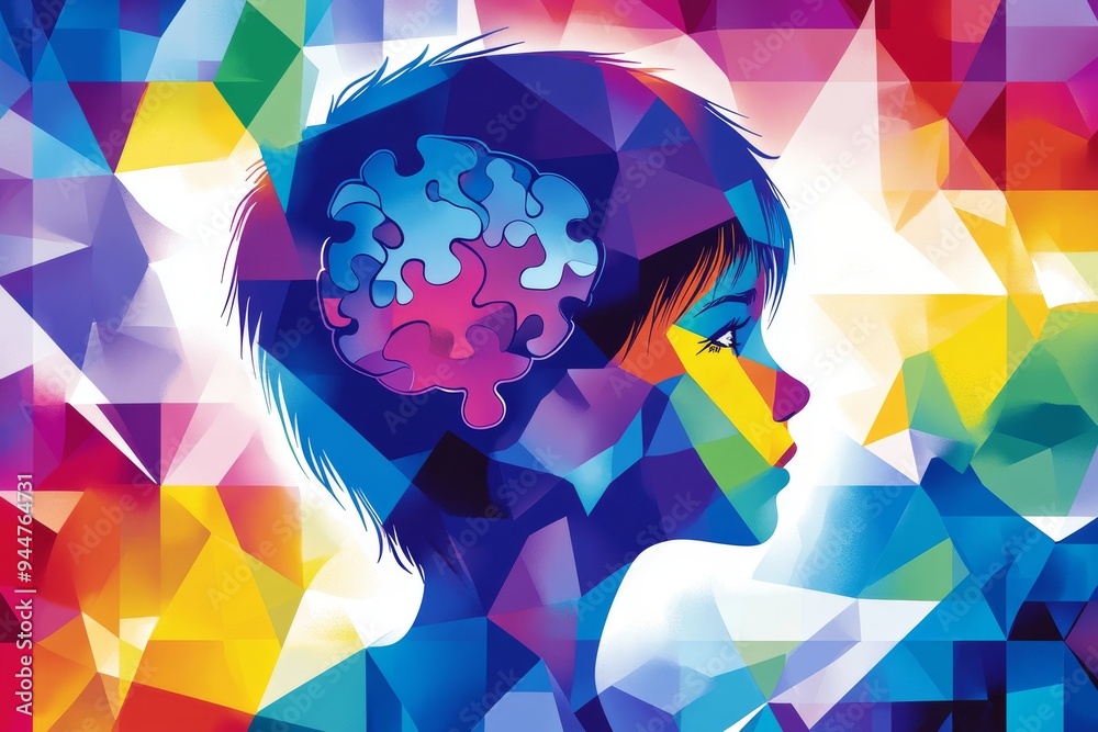 Colorful abstract profile of a woman with puzzle pieces representing ...