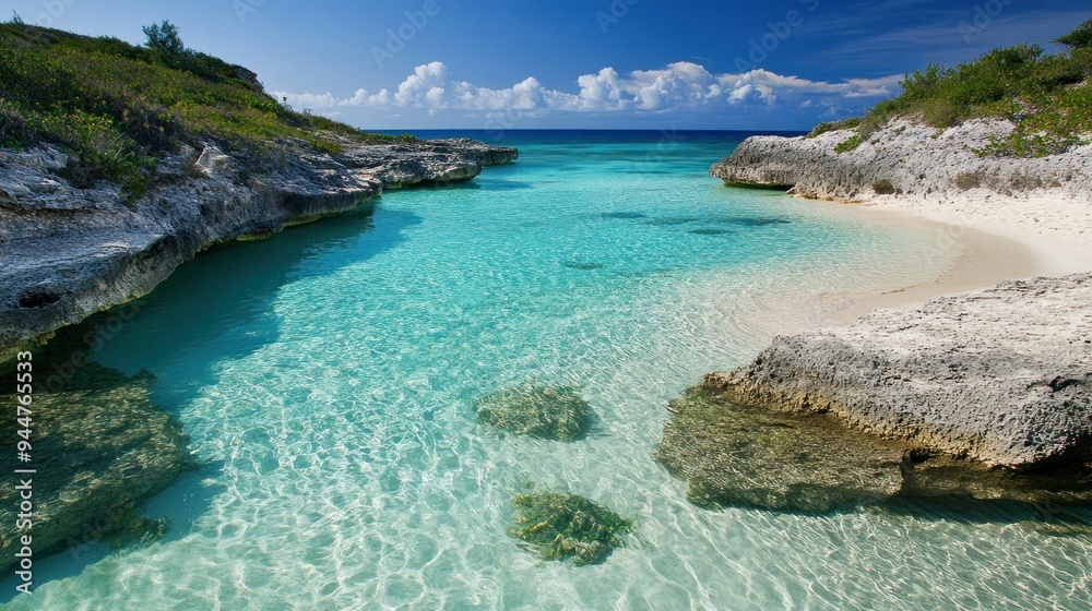 Fototapeta premium Tranquil Turquoise Lagoon with Rocky Shores and Lush Greenery