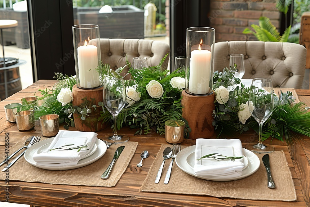 Elegant table setting with candles and greenery at a modern venue ...