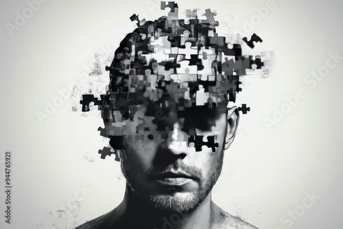 Monochrome portrait of a man with a dissolving head symbolizing the breakdown of thoughts mental fragmentation and the struggle with identity