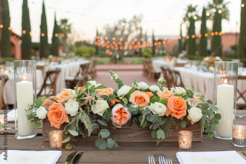 Elegant outdoor wedding reception with floral centerpiece and string lights during sunset