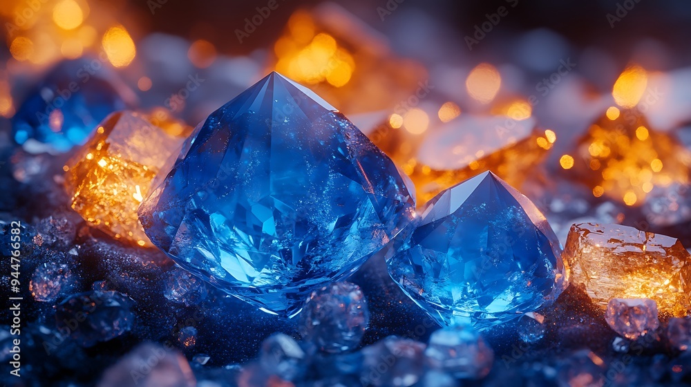 Close-up of sparkling blue and yellow gemstones on dark background. Close-up of sparkling blue and yellow gemstones on dark background.