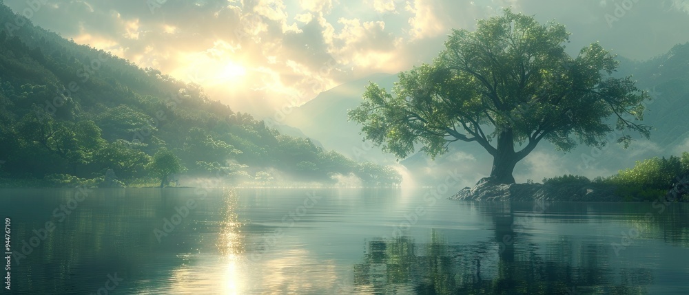 Tranquil Lake Surrounded by Misty Mountains Tranquil Lake Surrounded by Misty Mountains