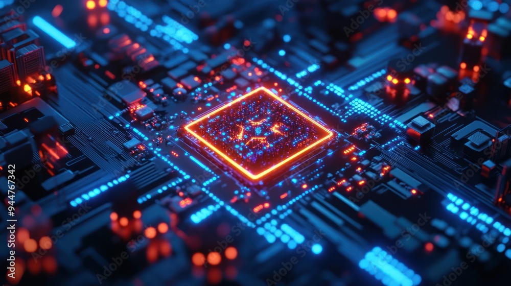 Quantum computer core, futuristic quantum circuits glowing in neon blue, intricate entangled qubits, digital particles, advanced technology background, sci-fi lab Quantum computer core, futuristic quantum circuits glowing in neon blue, intricate entangled qubits, digital particles, advanced technology background, sci-fi lab