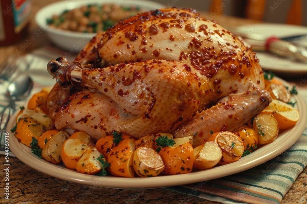 Roasted turkey garnished with citrus and herbs on a festive dining table during Thanksgiving dinner Roasted turkey garnished with citrus and herbs on a festive dining table during Thanksgiving dinner