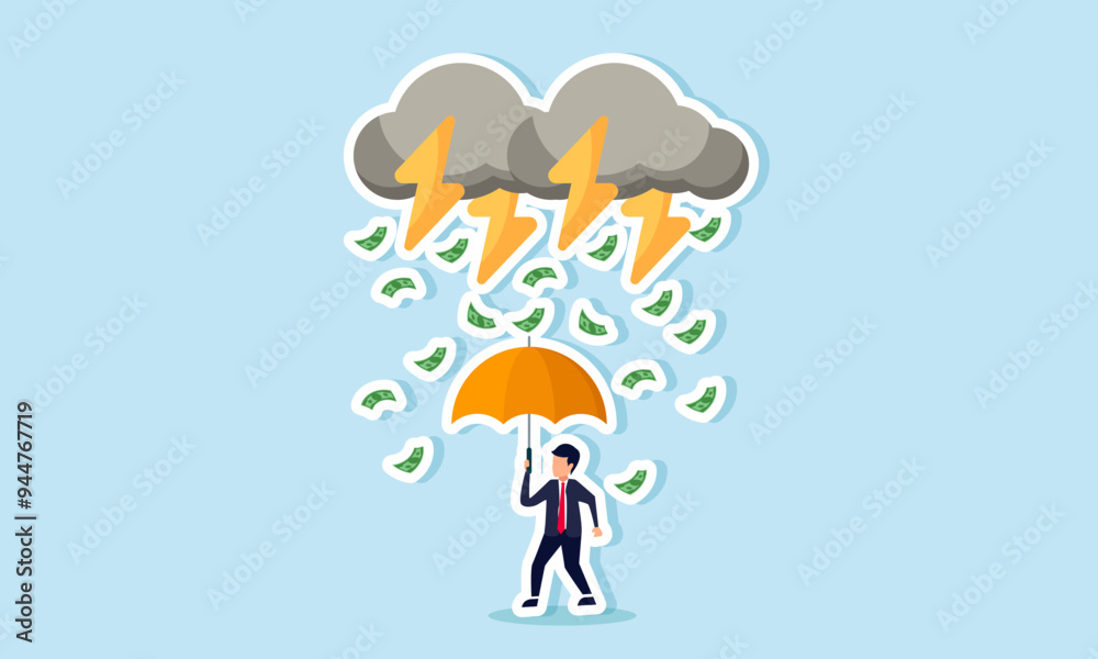 A businessman sheltering under an umbrella from a storm of lightning and raining money, illustration concept of A businessman with integrity standing firm against a storm of corruption his business A businessman sheltering under an umbrella from a storm of lightning and raining money, illustration concept of A businessman with integrity standing firm against a storm of corruption his business