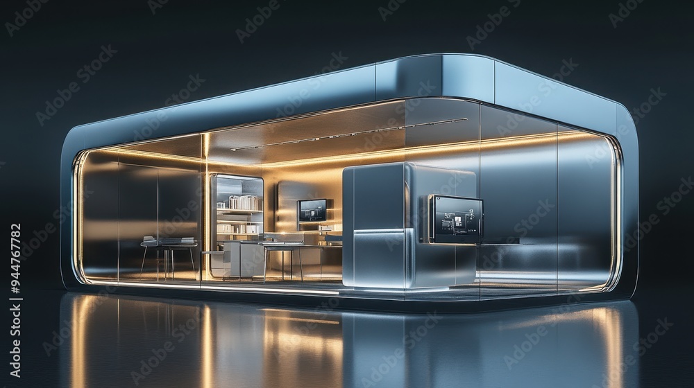 Futuristic Office Interior Design with Metallic Walls and Glass Windows Futuristic Office Interior Design with Metallic Walls and Glass Windows