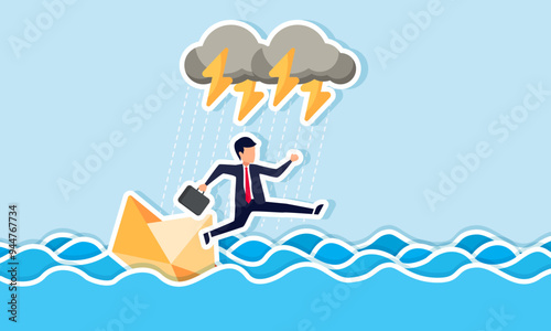 A businessman in a paper boat caught in a storm, choosing to leap into the sea, illustration concept of A businessman abandoning responsibility for issues in his business and company