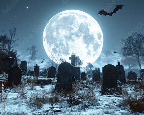 Mysterious Nighttime Graveyard Scene with Full Moon and Flying Bats Overhead, Eerily Illuminating the Tombstones and Snow-Covered Ground photo