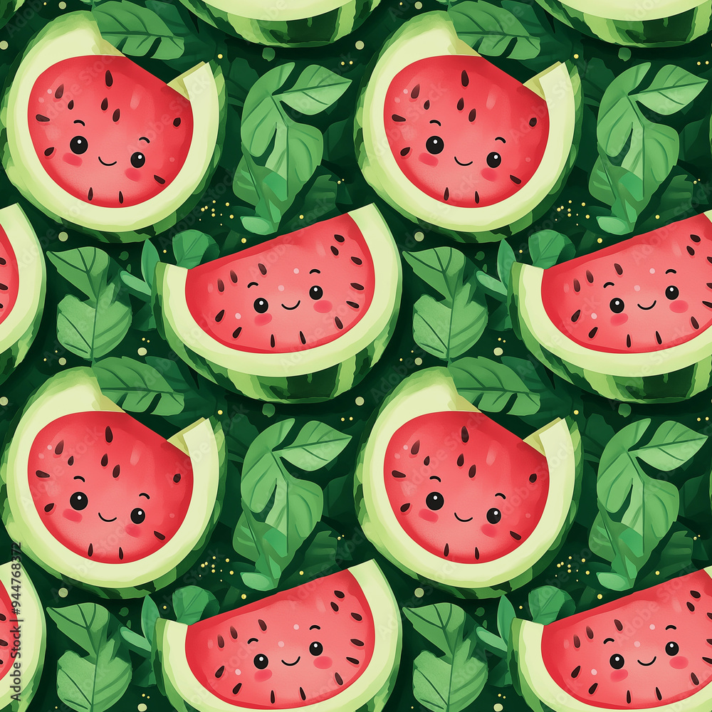 Seamless pattern of cute watermelon slices with smiling faces and green leaves in a playful design Seamless pattern of cute watermelon slices with smiling faces and green leaves in a playful design