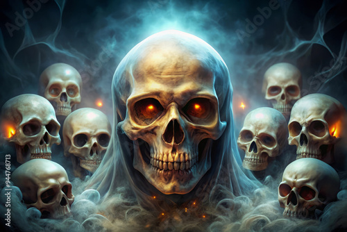 Eerie Skulls In Smoke, Glowing Eyes, Dark And Mysterious, Halloween Horror. photo