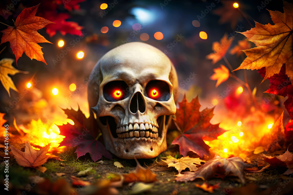 Spooky Halloween Skull In Autumn Leaves With Glowing Eyes Spooky Halloween Skull In Autumn Leaves With Glowing Eyes