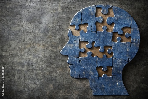 Monochrome portrait of a human head with disintegrating puzzle pieces symbolizing the breakdown of thoughts mental fragmentation and the struggle with identity