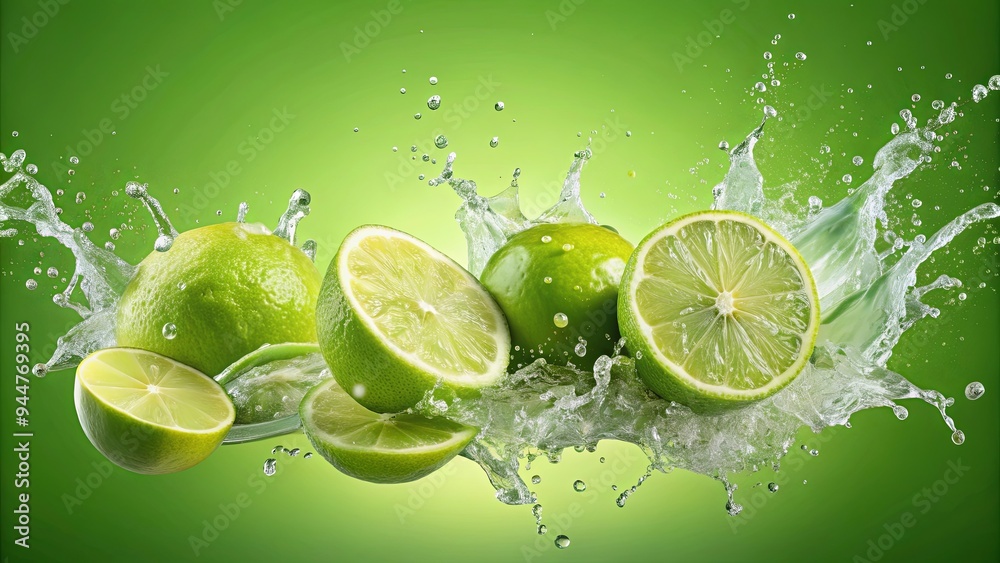 Fresh limes water explosion in a light green background, limes, citrus, fruit, water splash, freshness, freshness Fresh limes water explosion in a light green background, limes, citrus, fruit, water splash, freshness, freshness