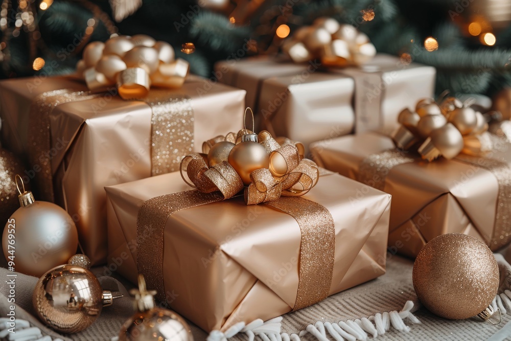 Beautifully wrapped golden gift boxes and ornaments arranged under a Christmas tree in a cozy setting Beautifully wrapped golden gift boxes and ornaments arranged under a Christmas tree in a cozy setting