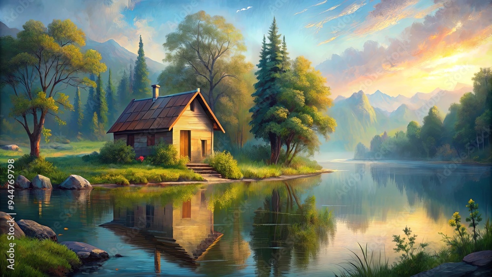 Painting style of a small house nestled at a lakeside , nature, landscape, water, cabin, peaceful, tranquil, scenic, art, trees Painting style of a small house nestled at a lakeside , nature, landscape, water, cabin, peaceful, tranquil, scenic, art, trees