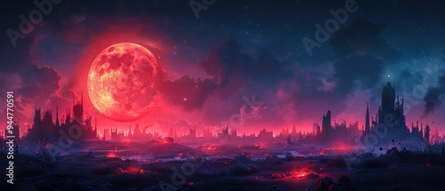 A Crimson Moon Illuminates a Desolate Post-Apocalyptic City