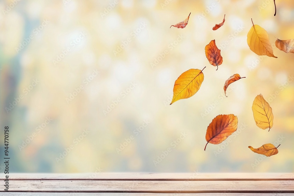 Beautiful Autumn background yellow red and orange leaves falling down, with a bokeh effect defocused background
