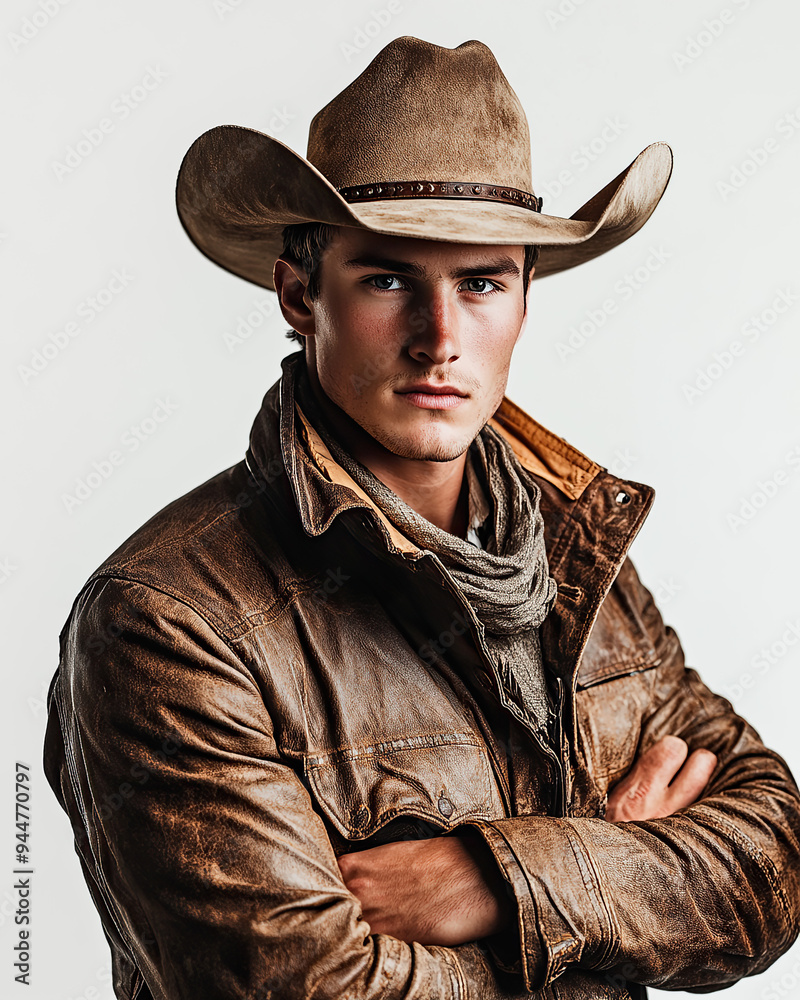Fototapeta premium Portrait of a Young and Handsome Cowboy in 1900s Clothing Vintage Western Style