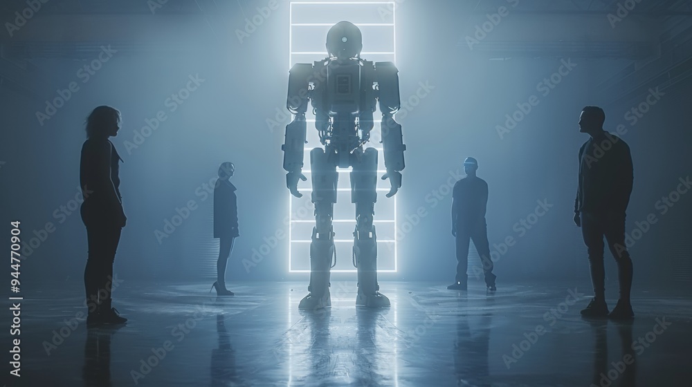 4 people distanced from each other are standing in front of an elegant ai android, the light emerges from the robot and shines upon these people 4 people distanced from each other are standing in front of an elegant ai android, the light emerges from the robot and shines upon these people