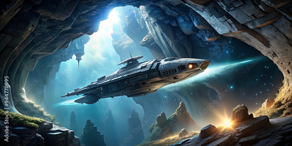 Fototapeta premium Long dark cruiser spacecraft flying through caverns in a cave in sci-fi comic book style, spacecraft, long cruiser, dark