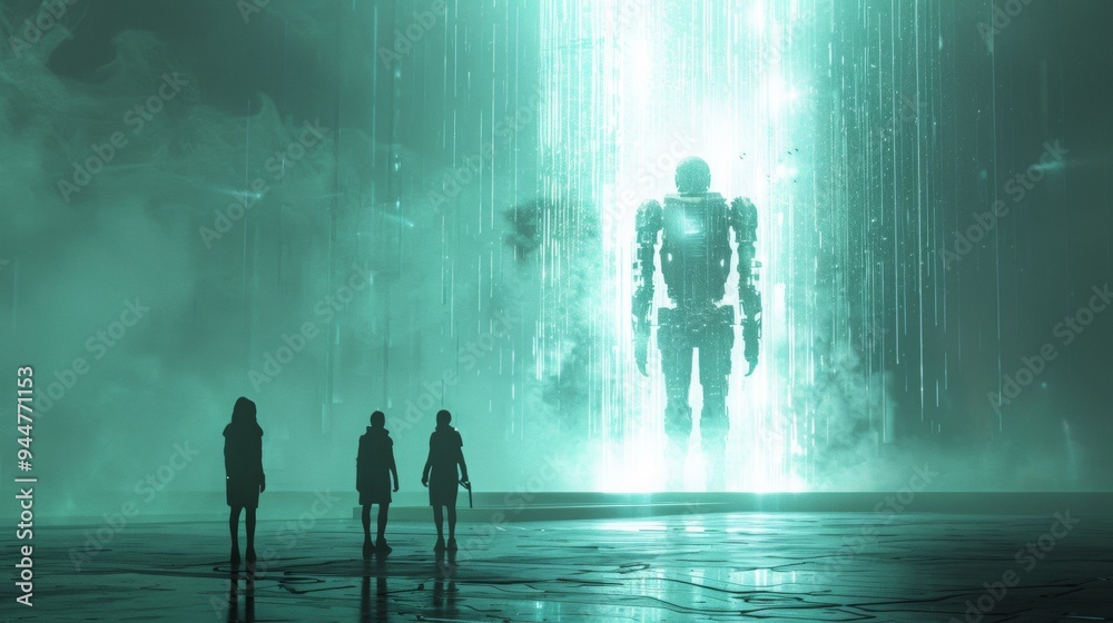 4 people distanced from each other are standing in front of an elegant ai android, the light emerges from the robot and shines upon these people 4 people distanced from each other are standing in front of an elegant ai android, the light emerges from the robot and shines upon these people