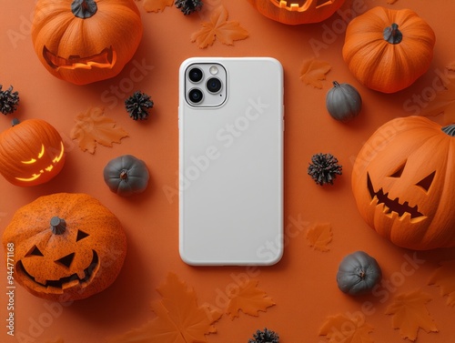 Wallpaper Mural Spooky Halloween White Phone Case Mockup with Eerie Decorations Isolated on Dark Background Torontodigital.ca