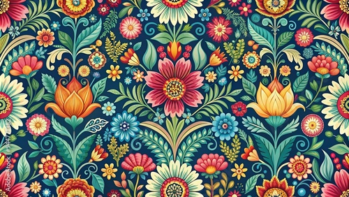 Seamless floral pattern with vibrant colors and intricate details, flowers, leaves, seamless, nature, botanical, design